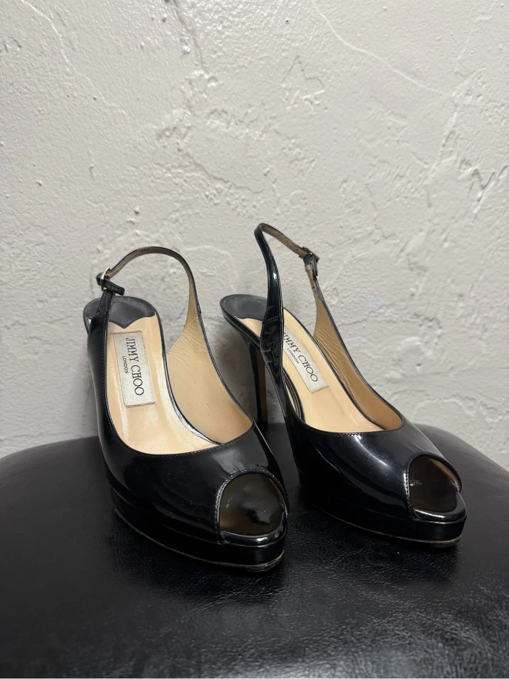 Jimmy Choo Black Patent Leather Peep-Toe Slingback Heels